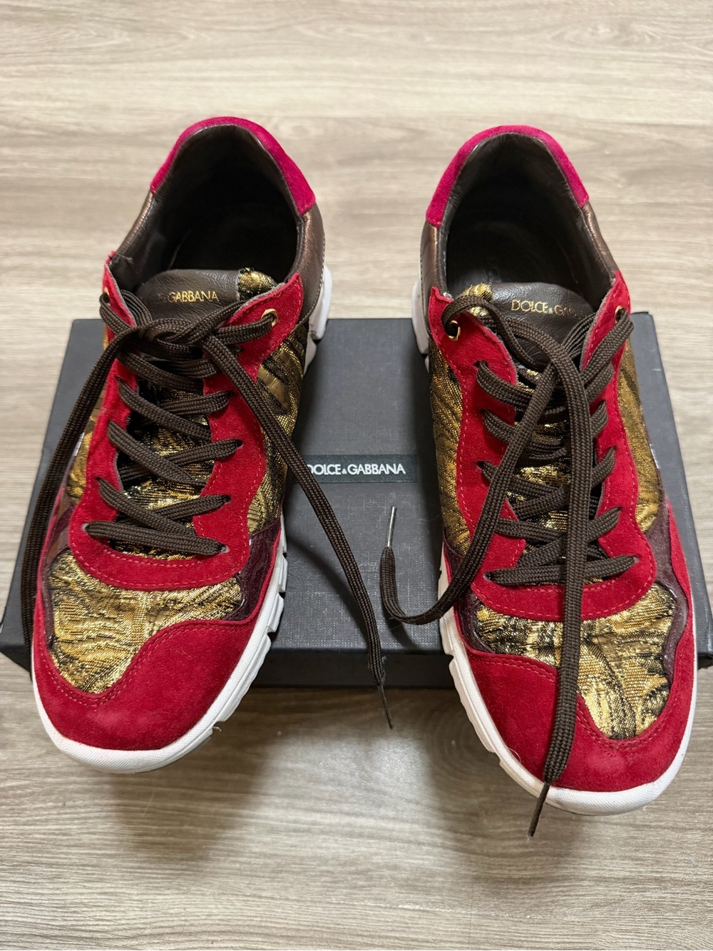 Dolce & Gabbana Red Suede & Gold Metallic Low-Top Sneakers